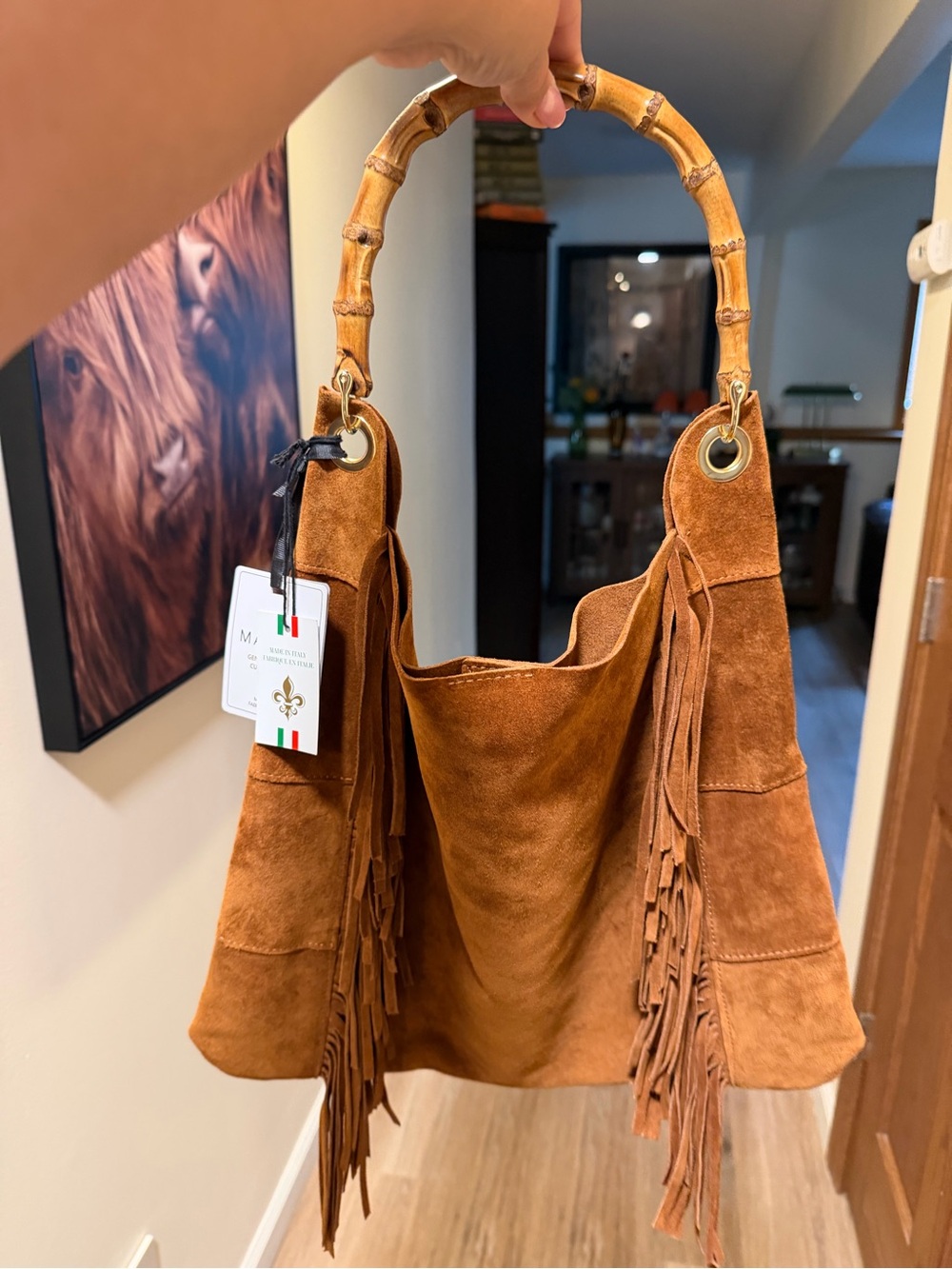 Marlon Made in Italy Suede Leather Bamboo Fringe Hobo Bag NWT - Picture 3 of 11